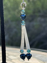 Load image into Gallery viewer, Dentalium earrings w/Blue pearl hearts, medium blue Australian crystals, size 15 and 11 sterling silver beads. On hypoallergenic hooks.