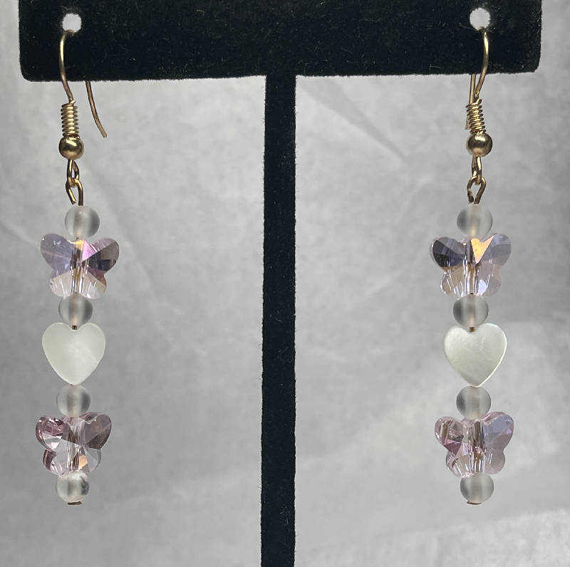 Pale pink glass butterflies and mother of pearl hearts earrings w/quartz beads. On gold surgical steel hooks